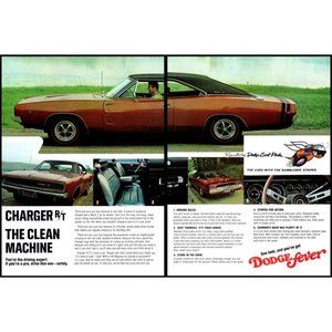 1968 Dodge Charger R/T 2 Page Vintage Print Ad Scat Pack Clean Machine Wall Art